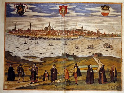 Veduta della città di Rostock, Germania. Incisione dall