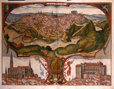 Veduta della città di Toledo nel XVI secolo. Incisione di George Braun in "Civitates Orbis Terrarum" Volume I scritto da Franz Hogenberg (1535-1590) da Georg Braun and Hogenberg Franz