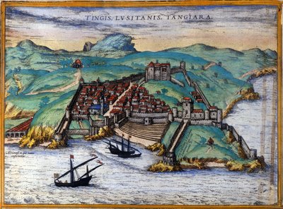 Veduta della città fortificata di Tangeri e della costa, Marocco. Tre navi sono ancorate vicino alla costa. In "Ciuitates orbis terrarum Liber primus", di Georgius Braun e Franz Hohenberg, Colonia 1582 da Georg Braun and Hogenberg Franz