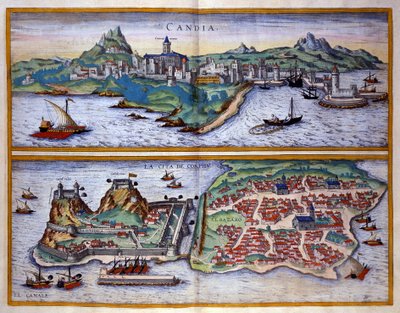 Veduta del porto di Candia (odierna Heraklion) a Creta e del porto di Corfù in Grecia. Incisione di George Braun in "Civitates Orbis Terrarum" Volume I scritto da Franz Hogenberg (1535-1590) da Georg Braun and Hogenberg Franz