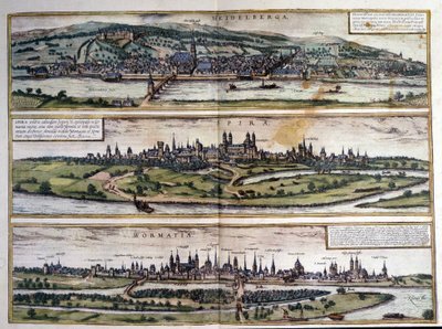 Vedute di tre città in Germania: Heidelberg, Spira, Worms (Atlante di Braun e Hogenberg, 1550) da Georg Braun and Hogenberg Franz