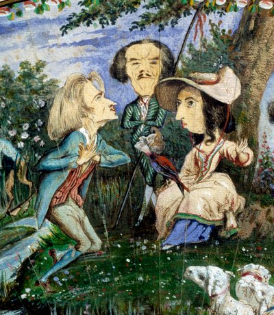 Ventaglio di caricature dipinte a gouache da George Sand e Auguste Charpentier: dettaglio che raffigura la donna di lettere George Sand, circondata da Eugène Delacroix e Franz Liszt da George Sand