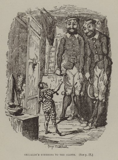 La gentilezza di Grimaldi verso i giganti (incisione) da George (after) Cruikshank