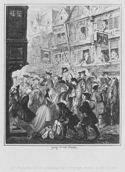 Sir Bulkeley Price porta il denaro del mutuo a Mr Scarve (incisione) da George (after) Cruikshank
