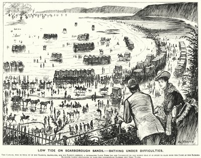 Cartone animato di Punch: Bassa marea sulle sabbie di Scarborough - Bagno in difficoltà (incisione) da George (after) Du Maurier