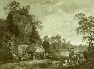 Due gentiluomini a caccia, con una vista di Creswell Crags, presa sul posto, Tavola 1 da George (after) Stubbs