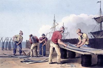 Pescatori che raschiano e puliscono i resti delle balene da "Il costume dello Yorkshire", inciso da Robert Havell (1769-1832)1814 da George (after) Walker