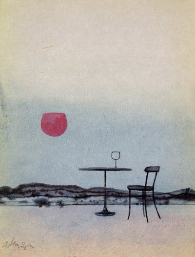 Vino rosso versato da un bicchiere su un tavolo esterno diventa il sole al tramonto da George Adamson