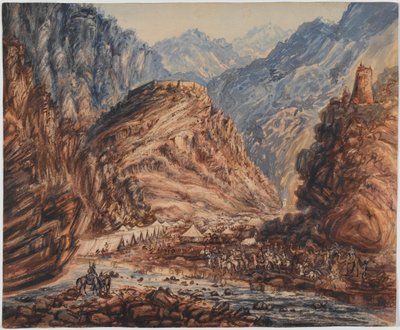 Forte di Ali Musjeed, Campo del Passo Khyber della 4ª Brigata della Forza del Maggiore Generale Pollock, aprile 1842 da George Alfred Croly