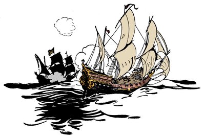 I pirati si avvicinano a una nave. Illustrazione da 