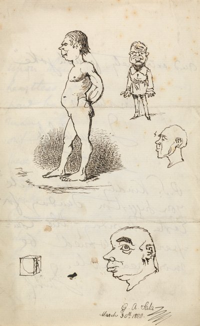 Schizzi: Uomo nudo, uomo in piedi, due profili e scatola da George Augustus Sala