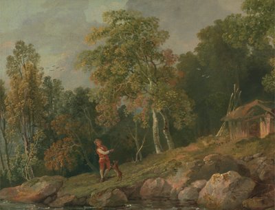 Paesaggio boscoso con un ragazzo e il suo cane da George Barret