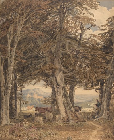 Bovini e pecore a riposo al margine di una foresta, ca. 1840 da George Barret the Younger