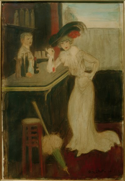 Donna con ombrello al bar da George Bottini