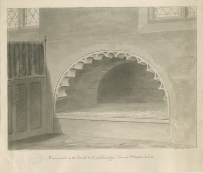 Chiesa di Penkridge - Monumento nel muro sud: disegno a seppia, 1841 da George Buckler