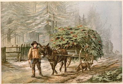 Ragazzo che guida un asino e un carro, cartolina di Natale vittoriana da George C. Leighton