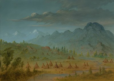 Un Villaggio dei Corvi e le Montagne del Fiume Salmon, 1855-1869 da George Catlin
