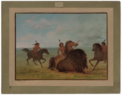 Comanche che lanciano un toro di bufalo da George Catlin