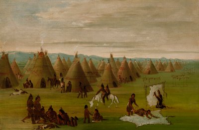 Villaggio Comanche, donne che vestono le vesti e asciugano la carne da George Catlin