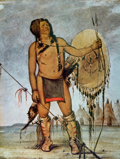 Guerriero Comanche con scudo, lancia e arco e frecce, c.1835 da George Catlin