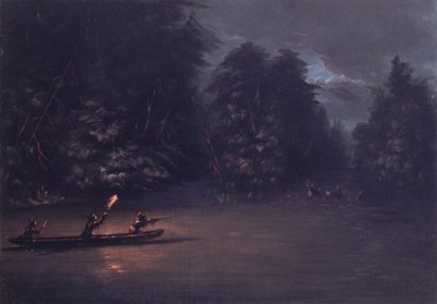 Caccia al cervo alla luce delle torce in canoa di corteccia da George Catlin