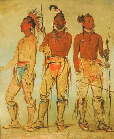 Mun-ne-pús-kee, Colui che Non Ha Paura, Ko-ha-túnk-a, Grande Corvo, e Nah-cóm-ee-shee da George Catlin