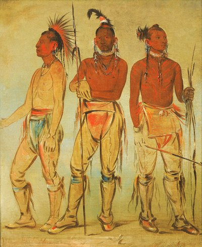 Mun-ne-pús-kee, Colui che non ha paura; Ko-ha-túnk-a, Grande Corvo; e Nah-cóm-ee-shee, Uomo del Letto, Tre Giovani Guerrieri da George Catlin