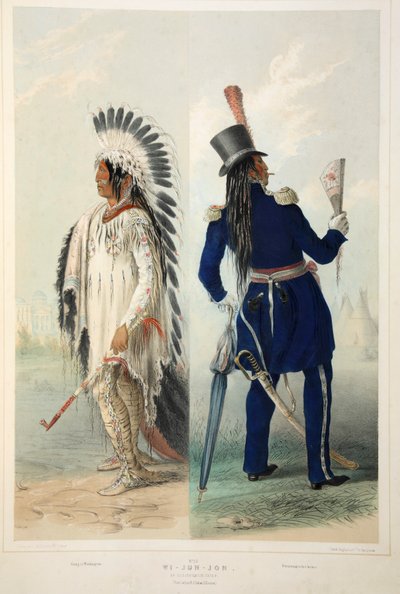 Wi-Jun-Jon, un Capo Assinneboin, pub. 1845 litografia a colori da George Catlin