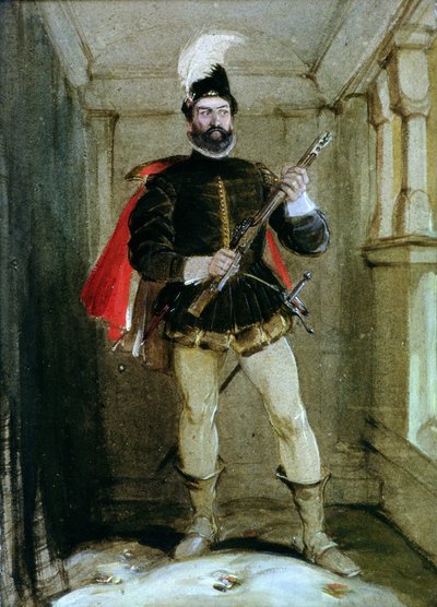 Hamilton di Bothwellhaugh sta per sparare al reggente Murray, a Linlithgow, il 23 gennaio 1570 da George Cattermole