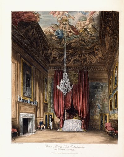 Camera da letto di stato della regina Maria, Hampton Court, 1819 da George Cattermole