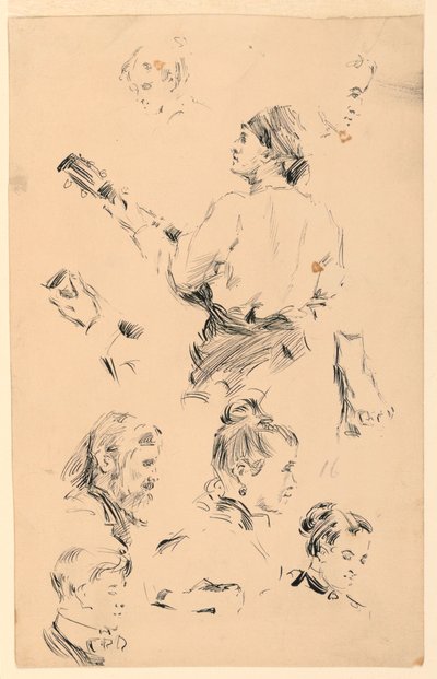 Schizzi di teste, una mano, un piede e un musicista da George Charles Aid