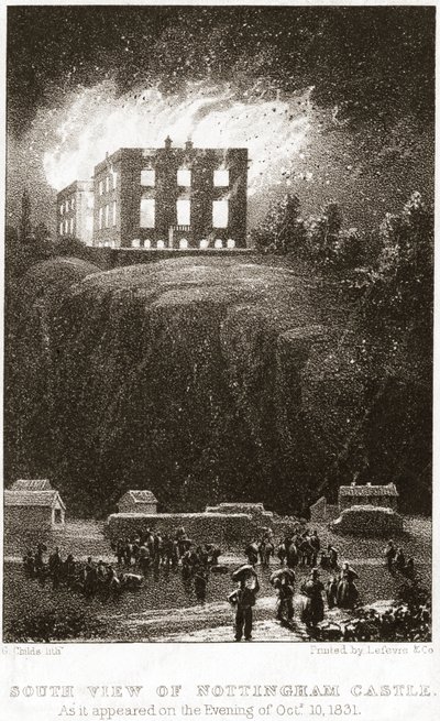 Il castello di Nottingham in fiamme, visto da sud da George Childs