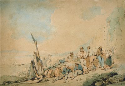 Scena costiera con figure vicino a un muro da George Chinnery