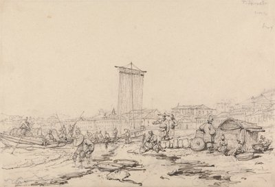 Scena Costiera con Pescatori e Edifici, Macao da George Chinnery
