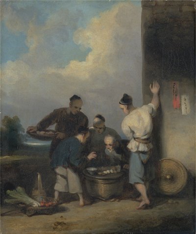Uomini intorno alla bancarella del venditore di cibo da George Chinnery