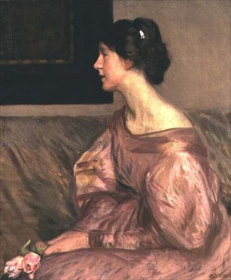 Ritratto di una signora seduta, a mezzo busto di profilo con due rose rosa e un vestito rosa da George Clausen