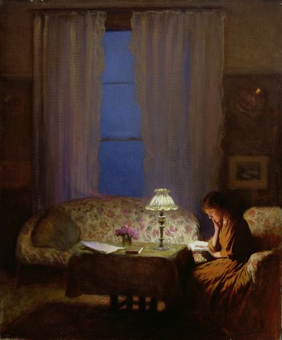 Lettura alla luce della lampada (Crepuscolo: Interno) da George Clausen