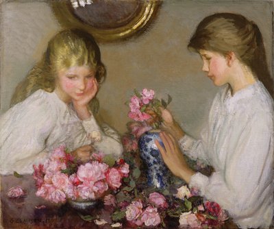 Due ragazze che sistemano i mazzolini da George Clausen