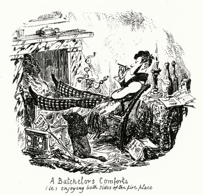 I Conforti di un Celibe (cioè) godendo entrambi i lati del camino (incisione) da George Cruikshank