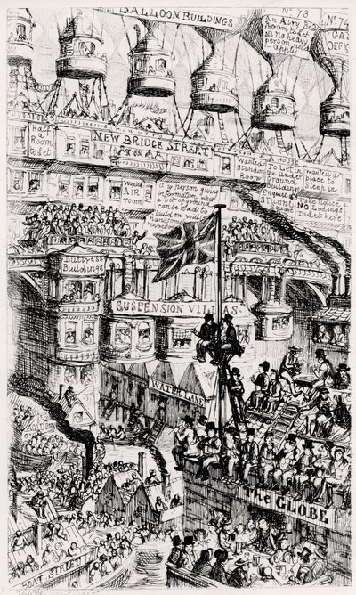 Una visione malthusiana di una Londra sovraffollata, Inghilterra, del futuro, dopo gli scritti di Thomas Malthus da George Cruikshank