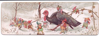 Una cartolina di Natale vittoriana di un gruppo di elfi maliziosi che conducono un tacchino catturato, c.1895 da George Cruikshank
