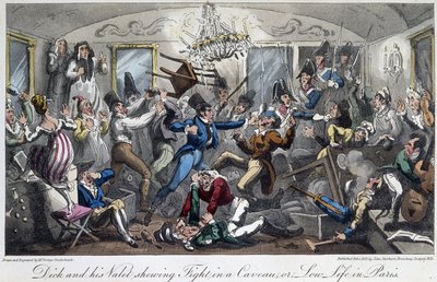 Una rissa in una cantina della città - in "Life in Paris" di David Carey, Londra da George Cruikshank