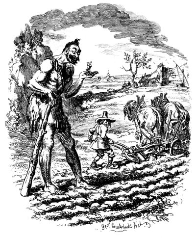Un gigante in un campo mentre un contadino ara da George Cruikshank