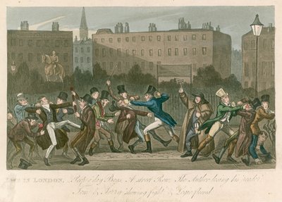 Una rissa di strada - Tom e Jerry che mostrano combattimento e Logic a terra da George Cruikshank
