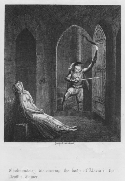Cholmondeley scopre il corpo di Alexia nella Torre del Diavolo da George Cruikshank