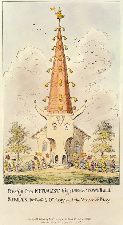 Progetto per una torre e campanile della Chiesa Alta Ritualista, dedicato al Dr. Pusey e al Vicar of Bray, 1868 da George Cruikshank