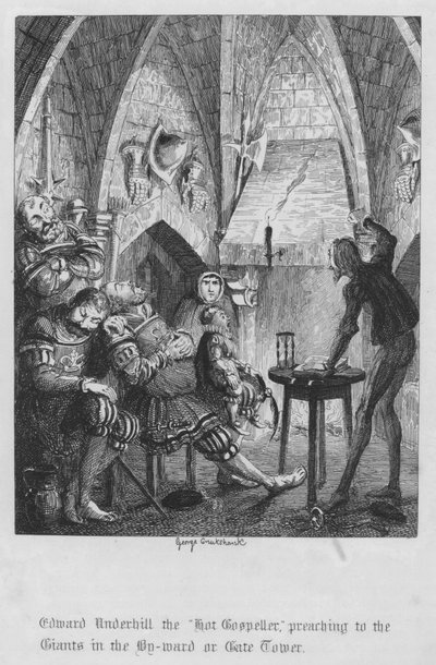 Edward Underhill il "Predicatore Ardente," predica ai Giganti nella Torre del Cancello da George Cruikshank