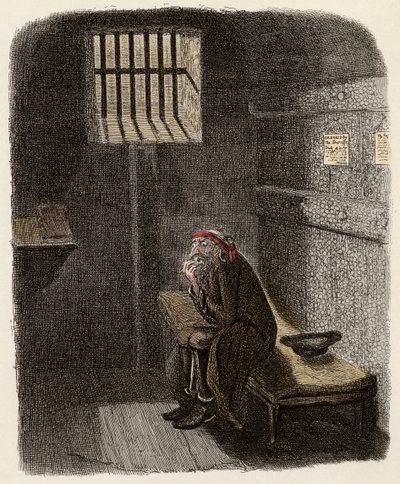 Fagin nella sua cella di condanna a morte - Fagin nella cella dei condannati - Illustrazione per "Oliver Twist" (Le avventure di Oliver Twist) di Charles Dickens (1812-1870) da George Cruikshank