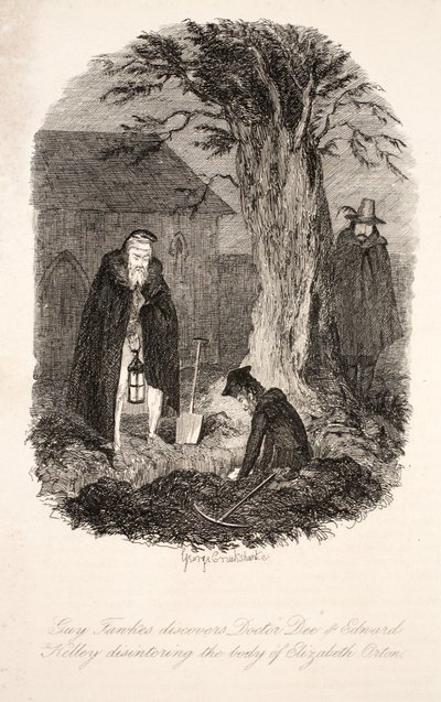 Guy Fawkes scopre il Dottor Dee e Edward Kelley che dissotterrano il corpo di Elizabeth Orton, illustrazione da Guy Fawkes, o il Tradimento della Polvere da Sparo: un Romanzo Storico, di William Harrison Ainsworth da George Cruikshank