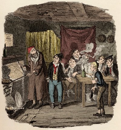 A Londra, Jack Dawkins detto la Volpe presenta Oliver a Fagin e alla sua banda di malviventi - Oliver presentato al rispettabile vecchio gentiluomo - Illustrazione per "Oliver Twist" (Le avventure di Oliver Twist) di Charles Dickens (1812-1870) da George Cruikshank